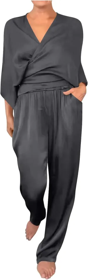 Two Piece Sets for Women Dressy Outfits Satin Silk Wrap V Neck Long Sleeve Blouses & Soft Pants Matching Sets