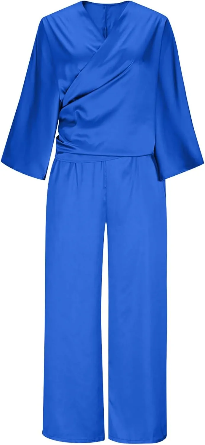 Two Piece Sets for Women Dressy Outfits Satin Silk Wrap V Neck Long Sleeve Blouses & Soft Pants Matching Sets