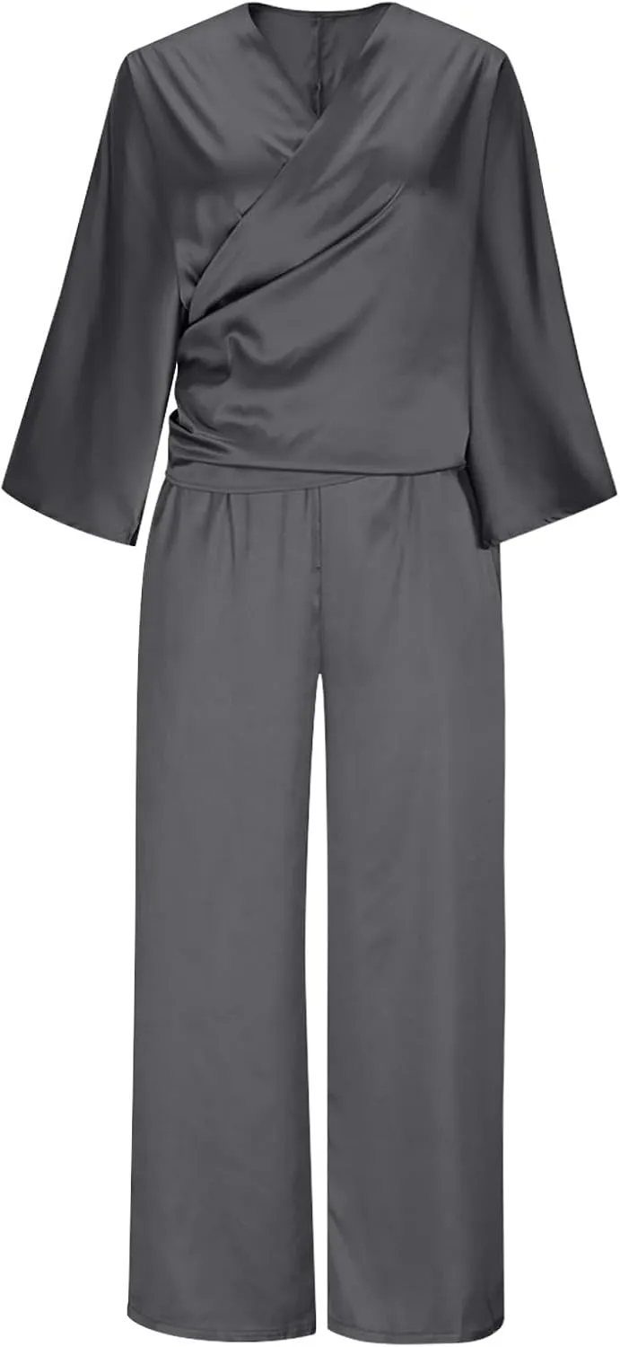 Two Piece Sets for Women Dressy Outfits Satin Silk Wrap V Neck Long Sleeve Blouses & Soft Pants Matching Sets