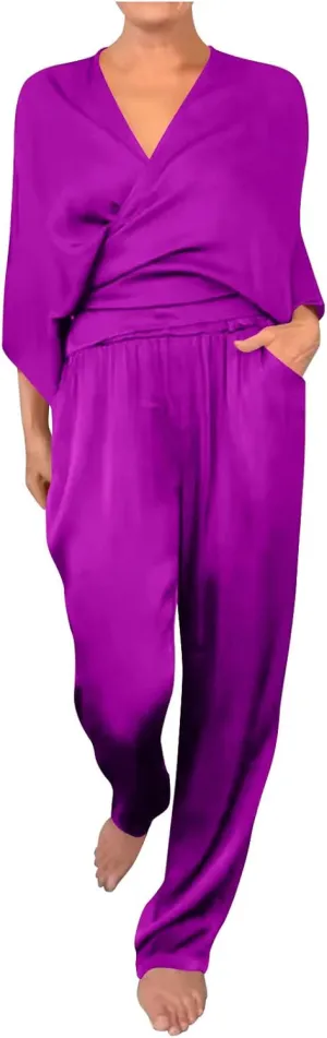 Two Piece Sets for Women Dressy Outfits Satin Silk Wrap V Neck Long Sleeve Blouses & Soft Pants Matching Sets