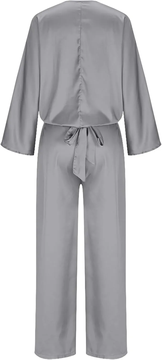 Two Piece Sets for Women Dressy Outfits Satin Silk Wrap V Neck Long Sleeve Blouses & Soft Pants Matching Sets