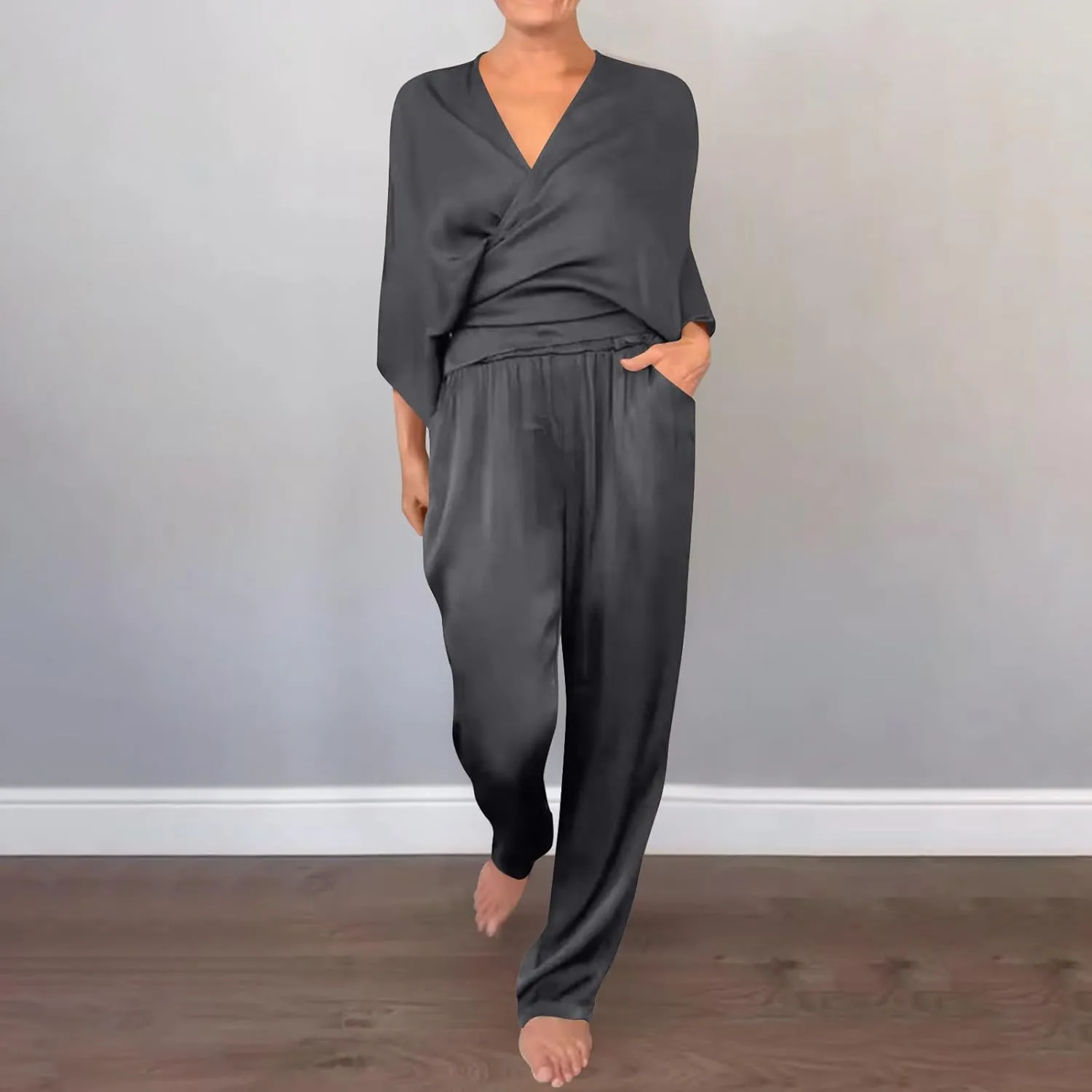 Two Piece Sets for Women Dressy Outfits Satin Silk Wrap V Neck Long Sleeve Blouses & Soft Pants Matching Sets