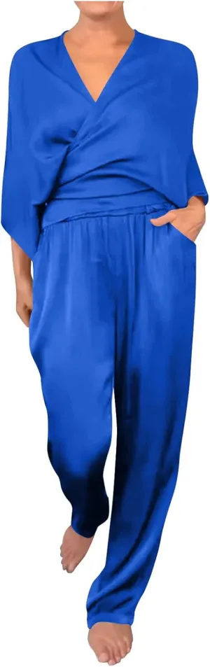 Two Piece Sets for Women Dressy Outfits Satin Silk Wrap V Neck Long Sleeve Blouses & Soft Pants Matching Sets