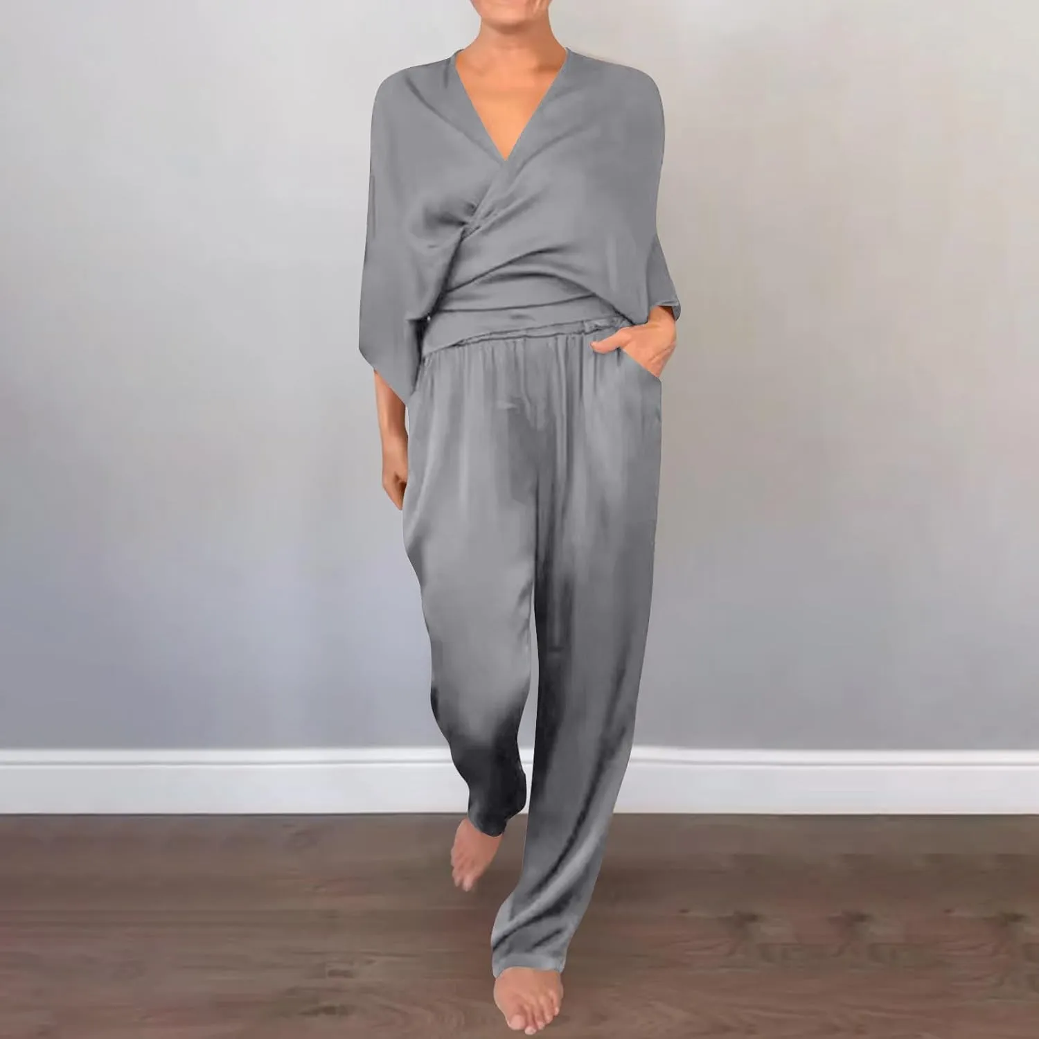 Two Piece Sets for Women Dressy Outfits Satin Silk Wrap V Neck Long Sleeve Blouses & Soft Pants Matching Sets