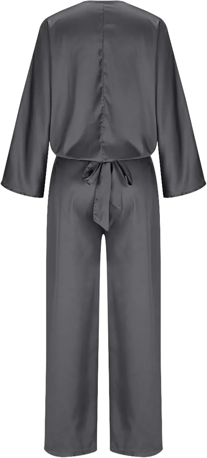 Two Piece Sets for Women Dressy Outfits Satin Silk Wrap V Neck Long Sleeve Blouses & Soft Pants Matching Sets