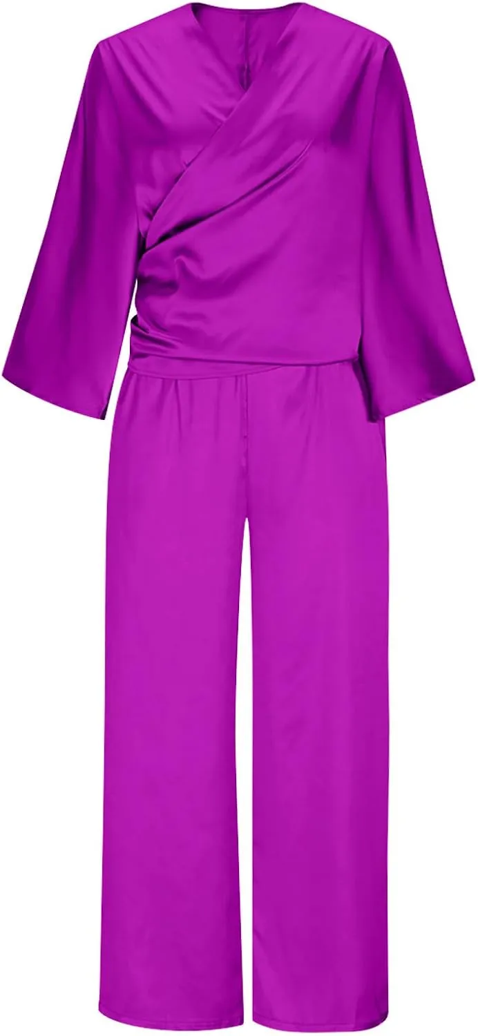 Two Piece Sets for Women Dressy Outfits Satin Silk Wrap V Neck Long Sleeve Blouses & Soft Pants Matching Sets