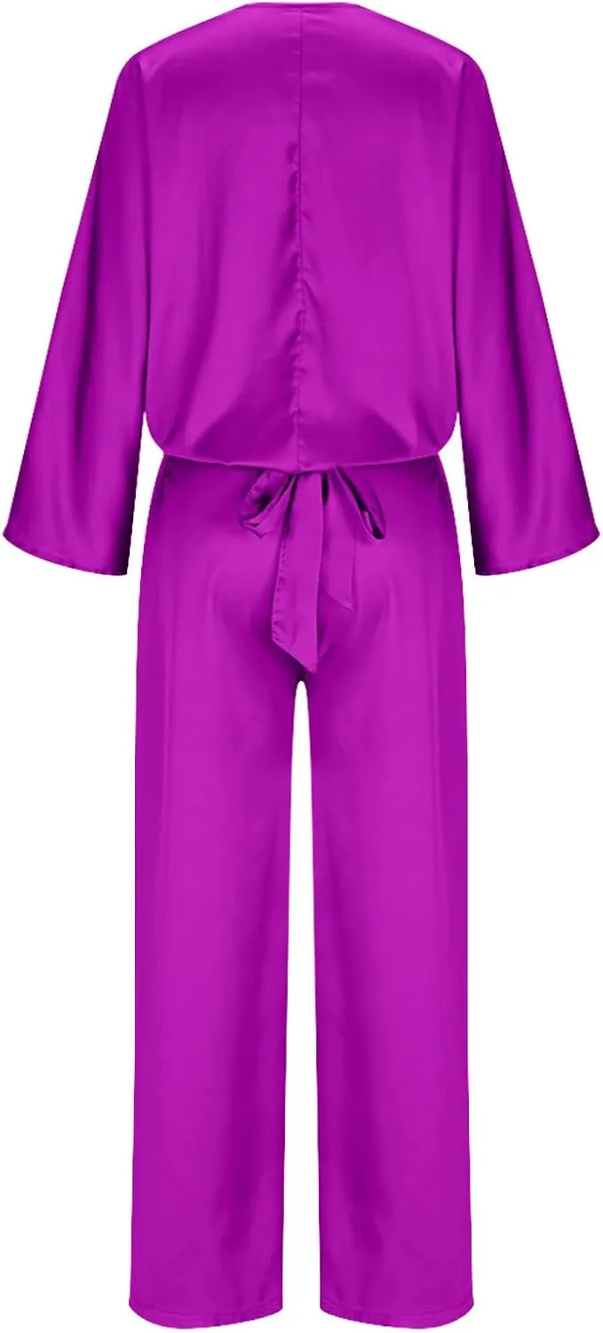 Two Piece Sets for Women Dressy Outfits Satin Silk Wrap V Neck Long Sleeve Blouses & Soft Pants Matching Sets