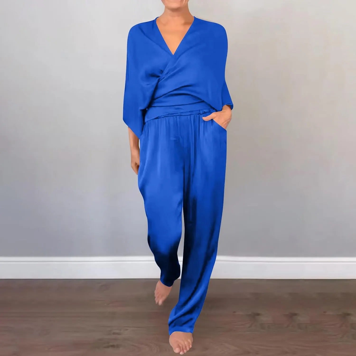 Two Piece Sets for Women Dressy Outfits Satin Silk Wrap V Neck Long Sleeve Blouses & Soft Pants Matching Sets