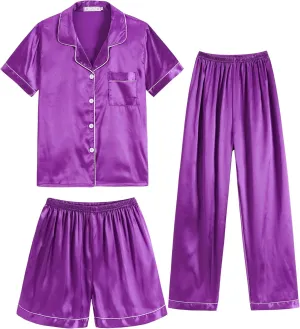 Unisex Girls Boys Kids Pajama Sets Button Down Satin Sleepwear Nighty 3PCS Silky Lounge Sets Nightwear