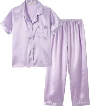 Unisex Kids Boys and Girls Pajama Sets Summer Short Sleeve Long Pants 2pcs Silky Sleepwear Button Down Loungewear