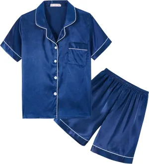 Unisex Kids Boys and Girls Pajama Sets Summer Short Sleeve With Shorts Sleepwear Silky Button Down Loungewear