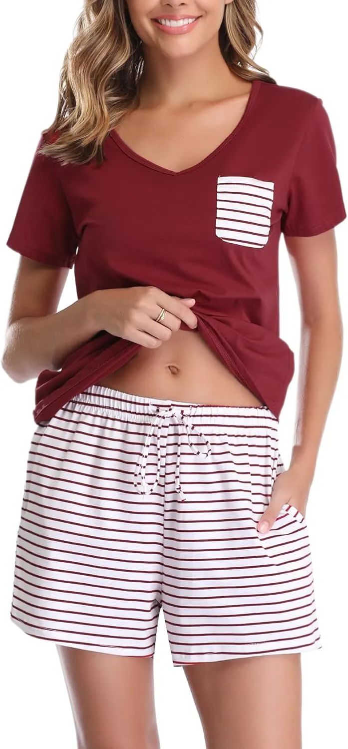 Vlazom Women's Pajama Sets V-Neck Shorts Pjs Set Short Sleeve Sleepwear Loungewear with Pockets & Drawstring