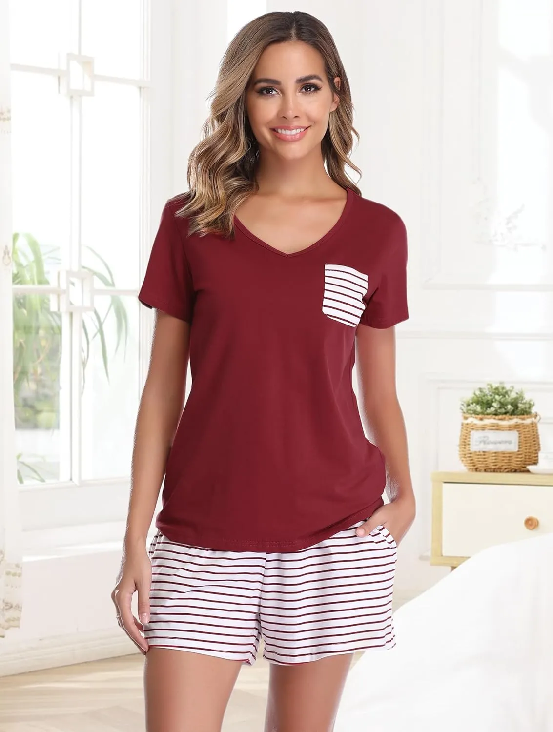Vlazom Women's Pajama Sets V-Neck Shorts Pjs Set Short Sleeve Sleepwear Loungewear with Pockets & Drawstring