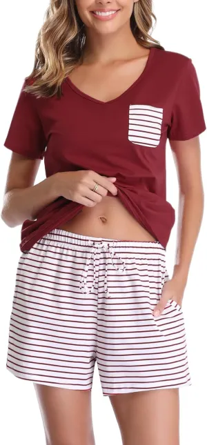 Vlazom Women's Pajama Sets V-Neck Shorts Pjs Set Short Sleeve Sleepwear Loungewear with Pockets & Drawstring