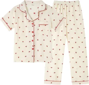 Vopmocld Big Girls Button Down Sleepwear Short Sleeve top & Pants 2PCS Crepe Pajama Sets Soft Lapel Shirt Loungewear