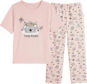 Vopmocld Big Girls' Short Sleeve Long Pants Pajama Sets 2PCS Cartoon Pattern & Letters Printed Sleepwear Lounge for Teens