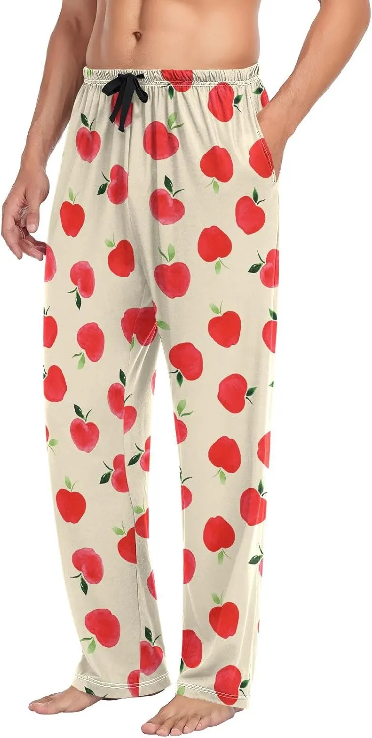 Watercolor Red Apple On Beige Men's Pajama Pants Sleepwear Lounge Pajama Bottoms