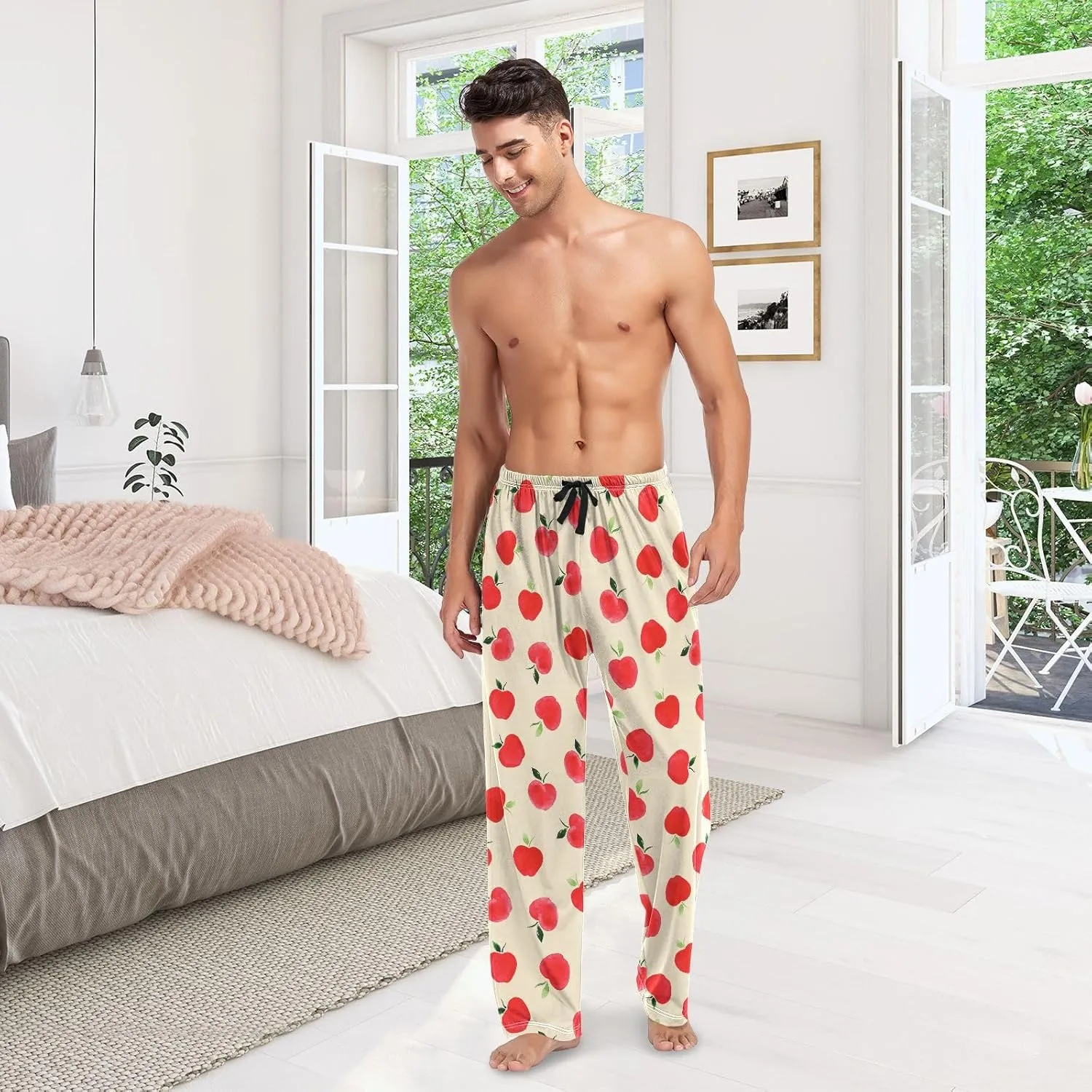 Watercolor Red Apple On Beige Men's Pajama Pants Sleepwear Lounge Pajama Bottoms