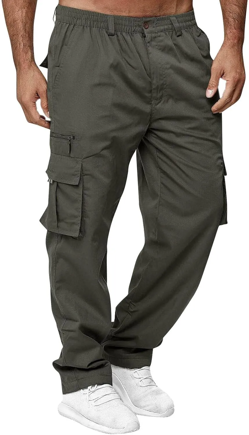 WENKOMG1 Mens Casual Cargo Pants Lightweight Multi Pockets Tactical Pants Straight Leg Summer Breathable Workwear