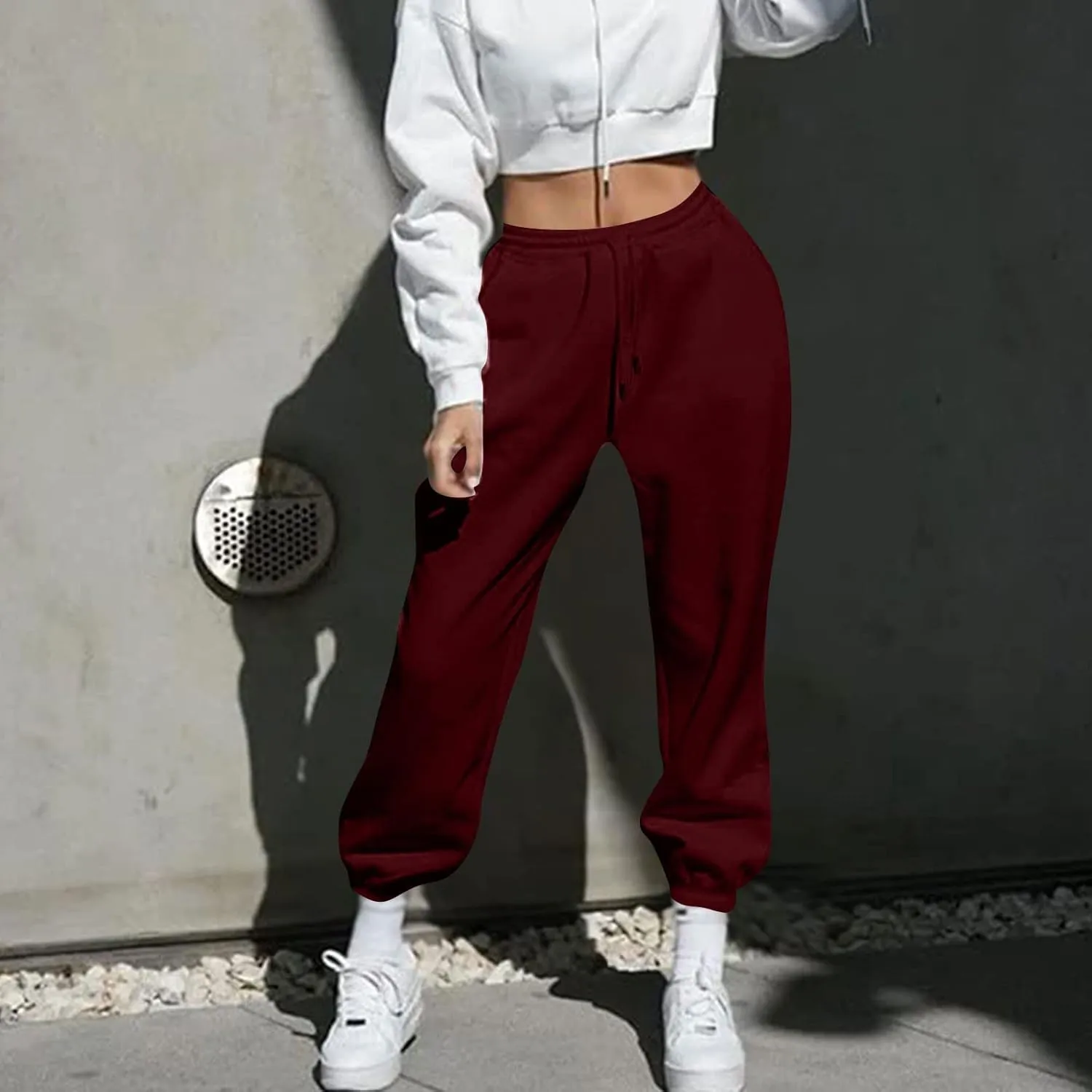Women Baggy Sweatpants Fleece Cinch Bottom Joggers Pants High Waisted Elastic Athletic Fit Comfy Lounge Trousers