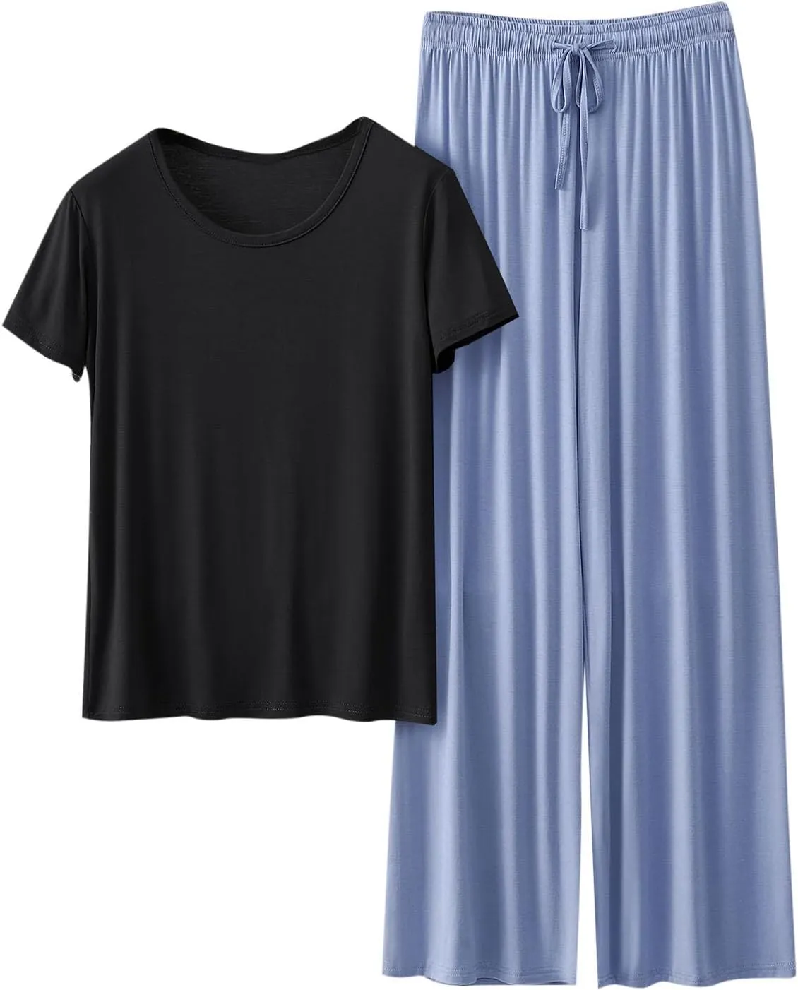 Women Basic Crop Pajama Set 2 Piece Soft Modal Sleepwear Short Sleeve Crewneck Tops and Wide Leg Pants Loungewear