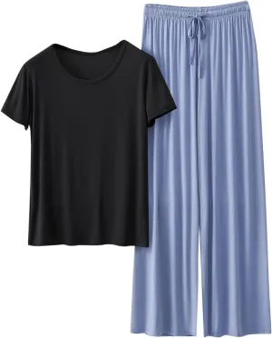 Women Basic Crop Pajama Set 2 Piece Soft Modal Sleepwear Short Sleeve Crewneck Tops and Wide Leg Pants Loungewear