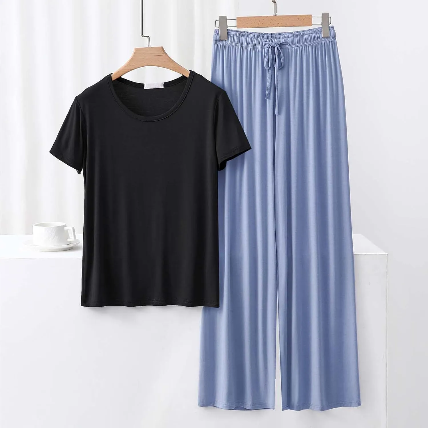 Women Basic Crop Pajama Set 2 Piece Soft Modal Sleepwear Short Sleeve Crewneck Tops and Wide Leg Pants Loungewear