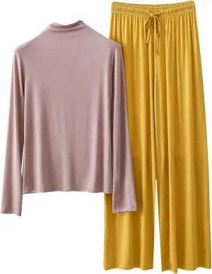 Women Basic Crop Pajama Set 2 Piece Soft Modal Sleepwear Turtleneck Long Sleeve Tops and Wide Leg Pants Loungewear