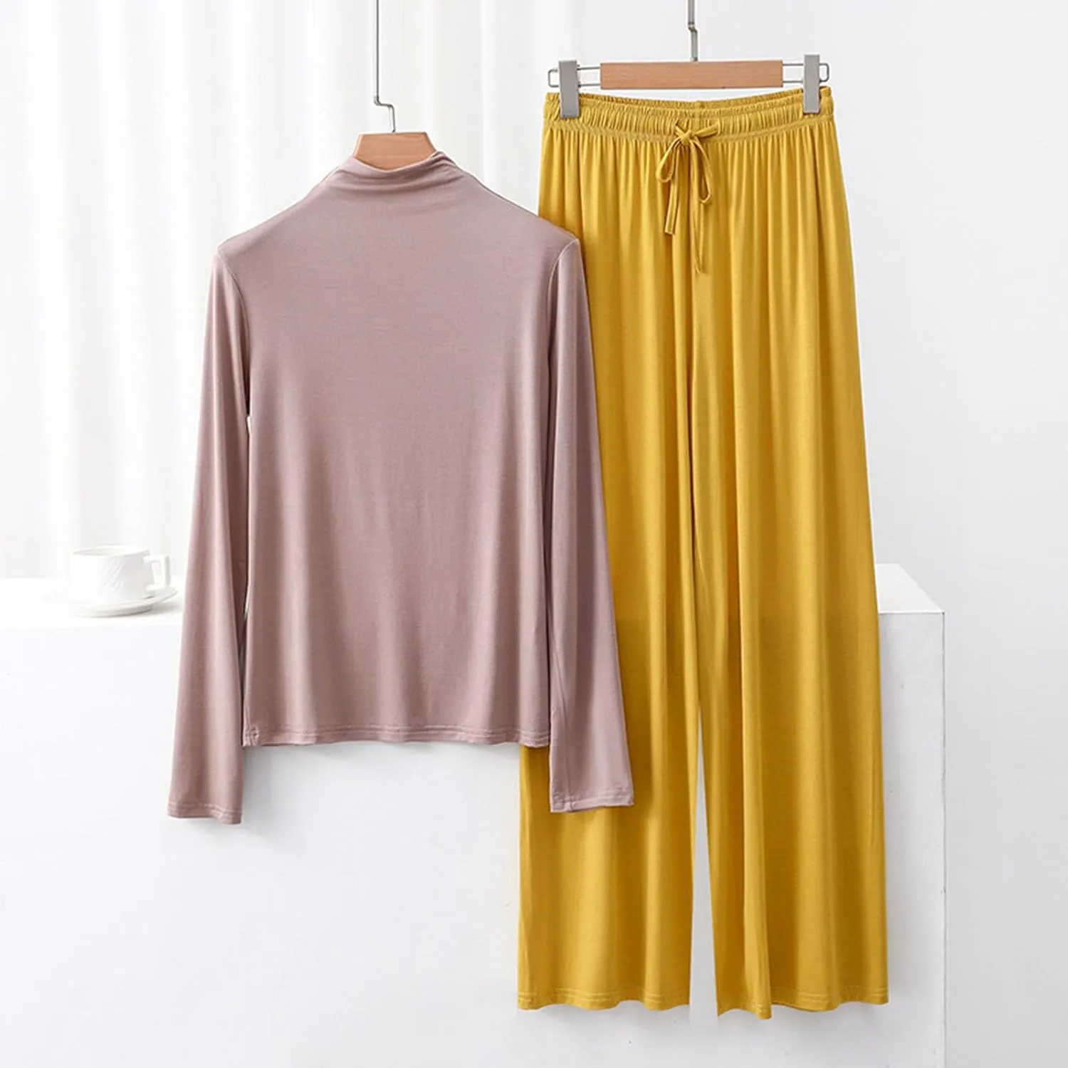 Women Basic Crop Pajama Set 2 Piece Soft Modal Sleepwear Turtleneck Long Sleeve Tops and Wide Leg Pants Loungewear