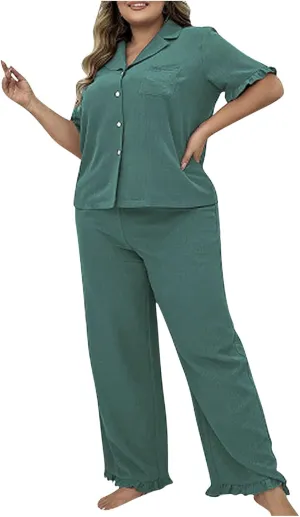 Women Basic Ruffle Trim Pajama Set Oversized 2 Piece Lounge Outfit Short Sleeve Button Down Shirts and Wide Leg Pant