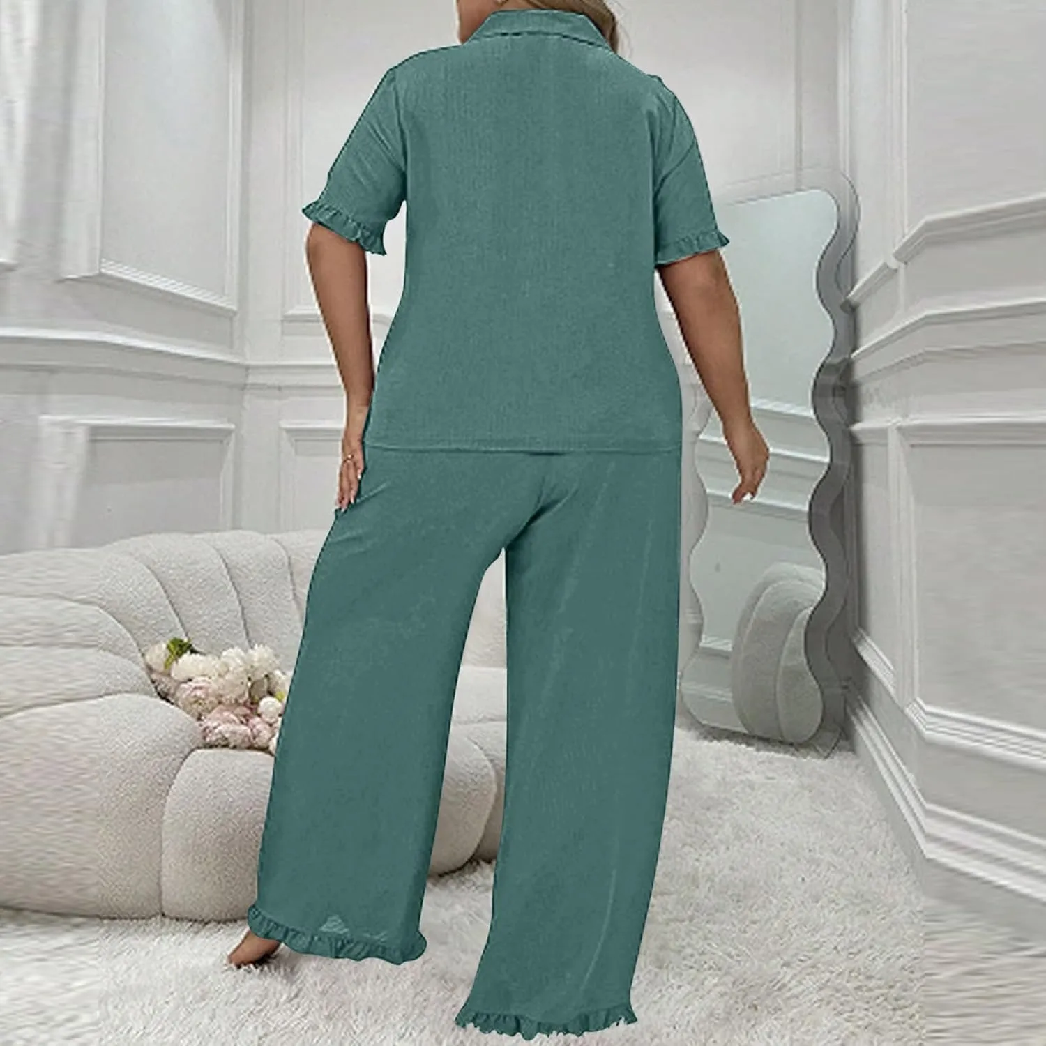 Women Basic Ruffle Trim Pajama Set Oversized 2 Piece Lounge Outfit Short Sleeve Button Down Shirts and Wide Leg Pant