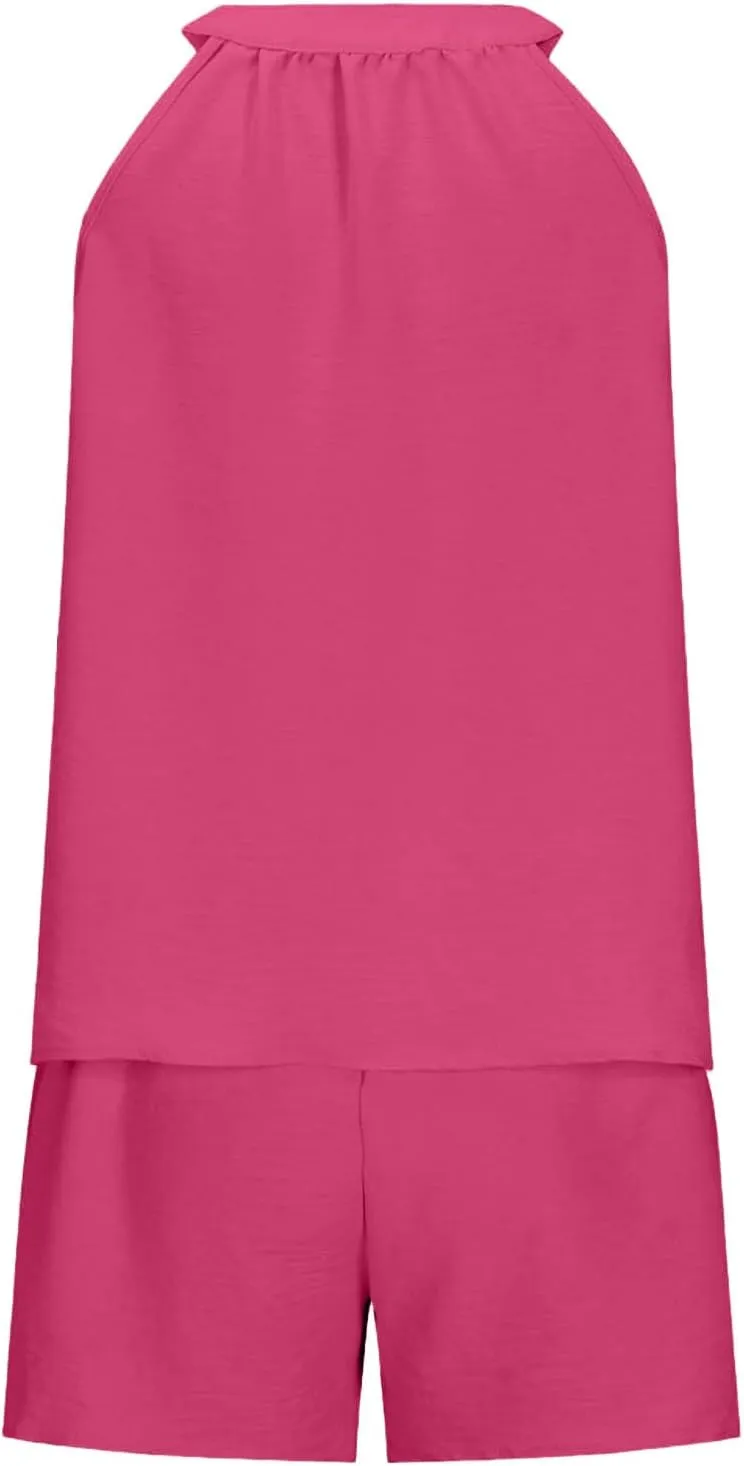 Women Beach Lounge Sets Summer Cool Basic 2 Piece Pajamas Outfit Sleeveless V Neck Tank Tops and Shorts Set Homewear