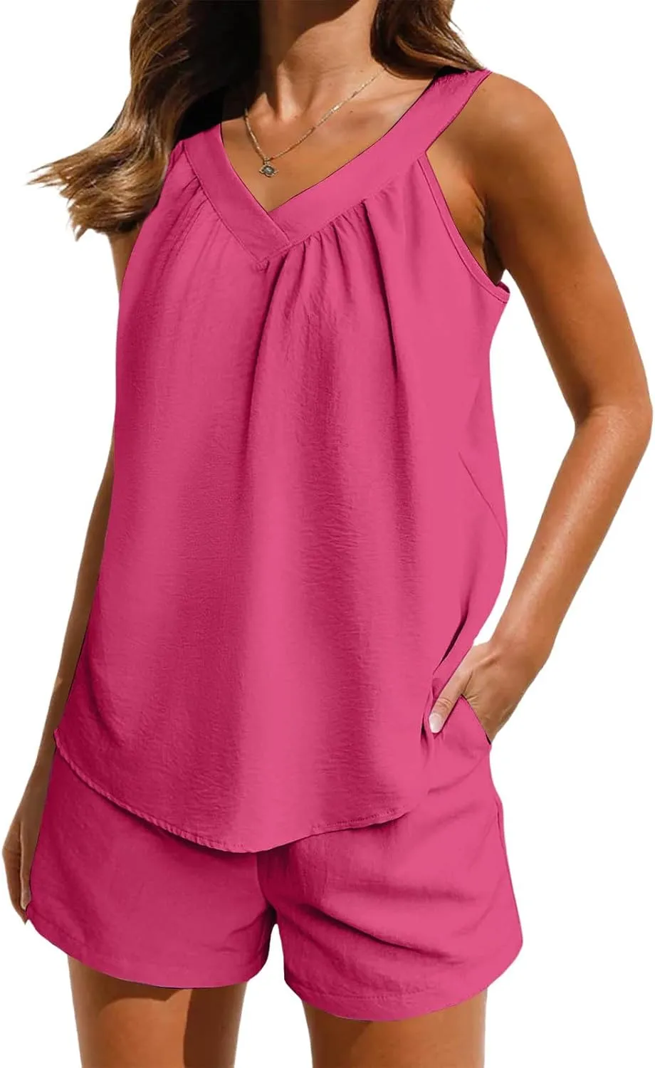 Women Beach Lounge Sets Summer Cool Basic 2 Piece Pajamas Outfit Sleeveless V Neck Tank Tops and Shorts Set Homewear