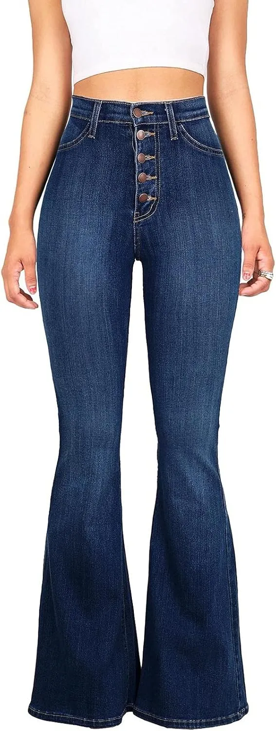 Women Bell Bottom Jeans Retro High Rise Trumpet Flare Jean Trendy Jogger Tummy Control Stretch Wide Leg Jeans