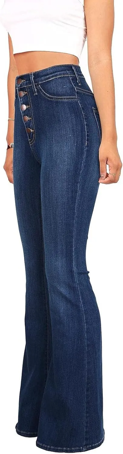 Women Bell Bottom Jeans Retro High Rise Trumpet Flare Jean Trendy Jogger Tummy Control Stretch Wide Leg Jeans