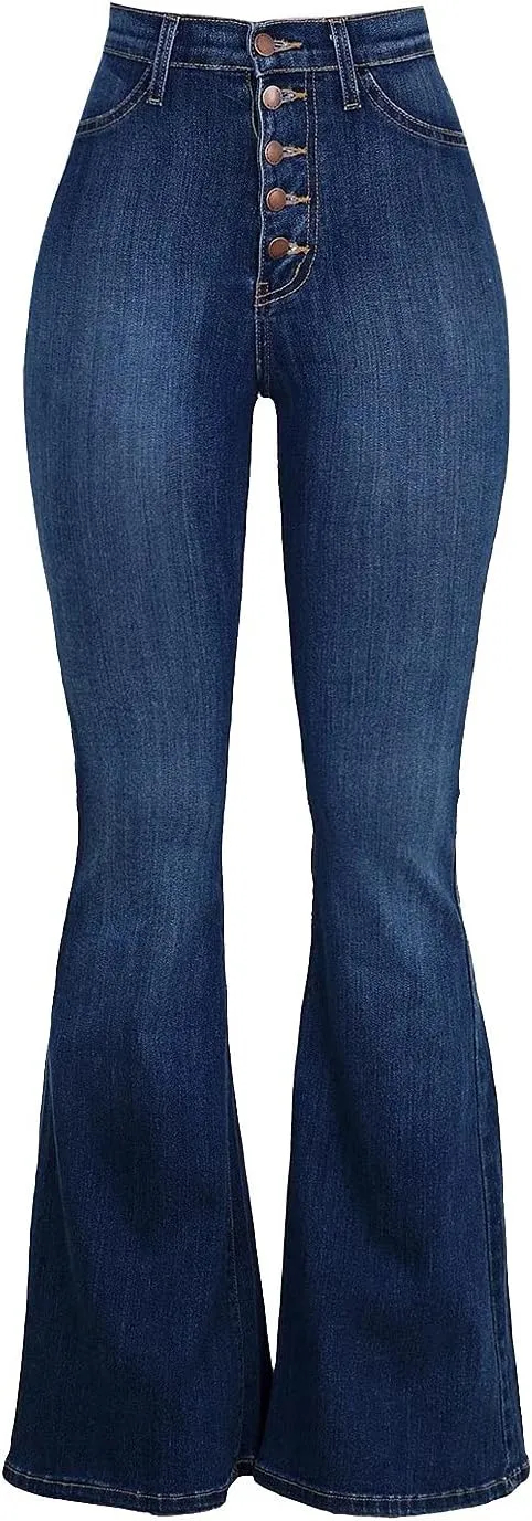 Women Bell Bottom Jeans Retro High Rise Trumpet Flare Jean Trendy Jogger Tummy Control Stretch Wide Leg Jeans
