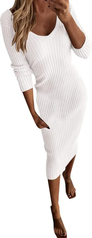 Women Casual Dresses Elegent Long Sleeve V Neck Bodycon Midi Dress Formal Slim Pencil Evening Party Dress