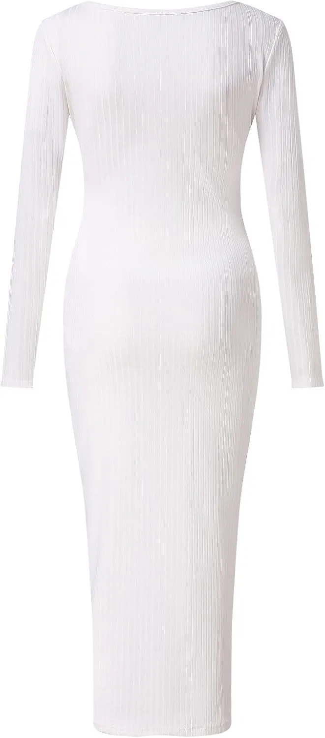 Women Casual Dresses Elegent Long Sleeve V Neck Bodycon Midi Dress Formal Slim Pencil Evening Party Dress