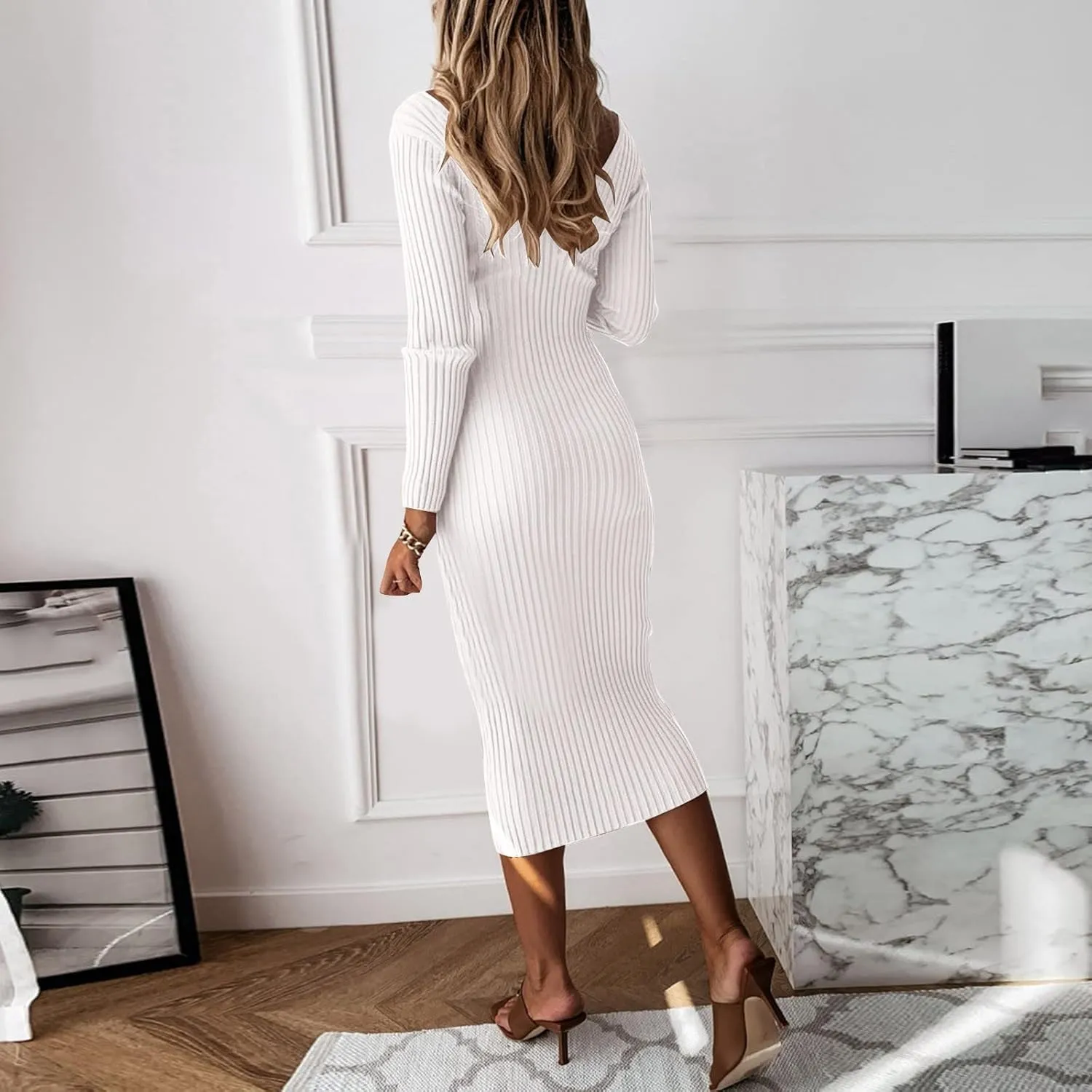 Women Casual Dresses Elegent Long Sleeve V Neck Bodycon Midi Dress Formal Slim Pencil Evening Party Dress