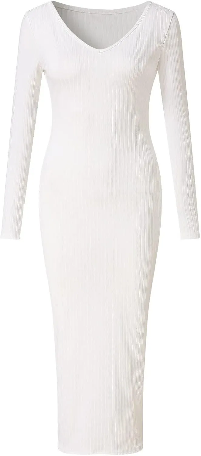 Women Casual Dresses Elegent Long Sleeve V Neck Bodycon Midi Dress Formal Slim Pencil Evening Party Dress