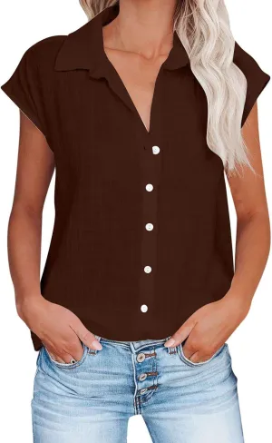 Women Cotton Linen Shirts Plus Size Summer T-Shirt Short Sleeve Casual Blouses Button Down Tee Shirts Loose Beach Top