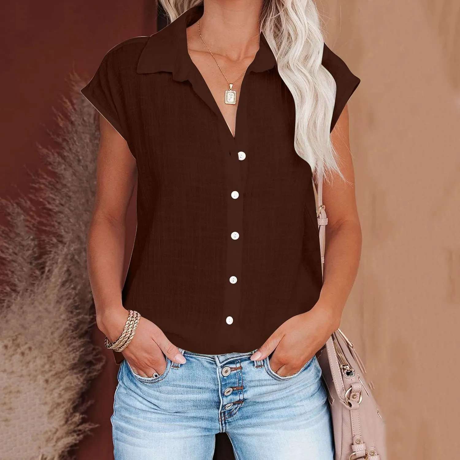 Women Cotton Linen Shirts Plus Size Summer T-Shirt Short Sleeve Casual Blouses Button Down Tee Shirts Loose Beach Top