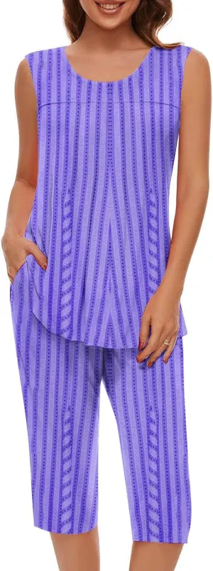 Women Crew Neck Pajamas Sets Soft Sleeveless Tank Top and Capri Pants with Pocket Ladies Print Loungewear Sets