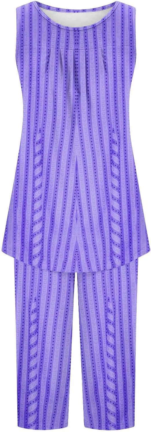 Women Crew Neck Pajamas Sets Soft Sleeveless Tank Top and Capri Pants with Pocket Ladies Print Loungewear Sets