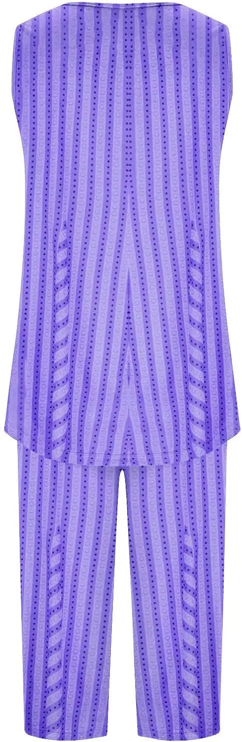 Women Crew Neck Pajamas Sets Soft Sleeveless Tank Top and Capri Pants with Pocket Ladies Print Loungewear Sets