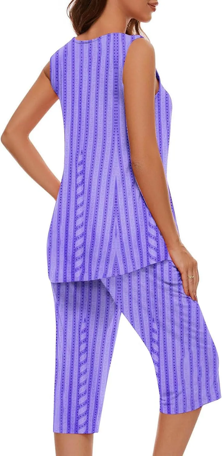 Women Crew Neck Pajamas Sets Soft Sleeveless Tank Top and Capri Pants with Pocket Ladies Print Loungewear Sets