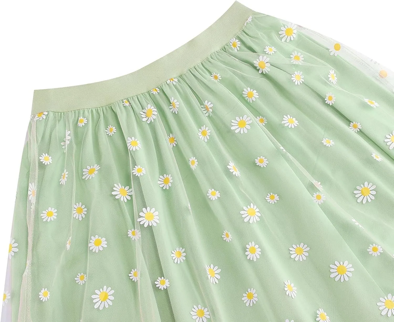 Women Daisy Embroidered Tulle Skirts Floral Mesh Casual Elastic High Waist Long Skirts Flower Swing A Line Skirt