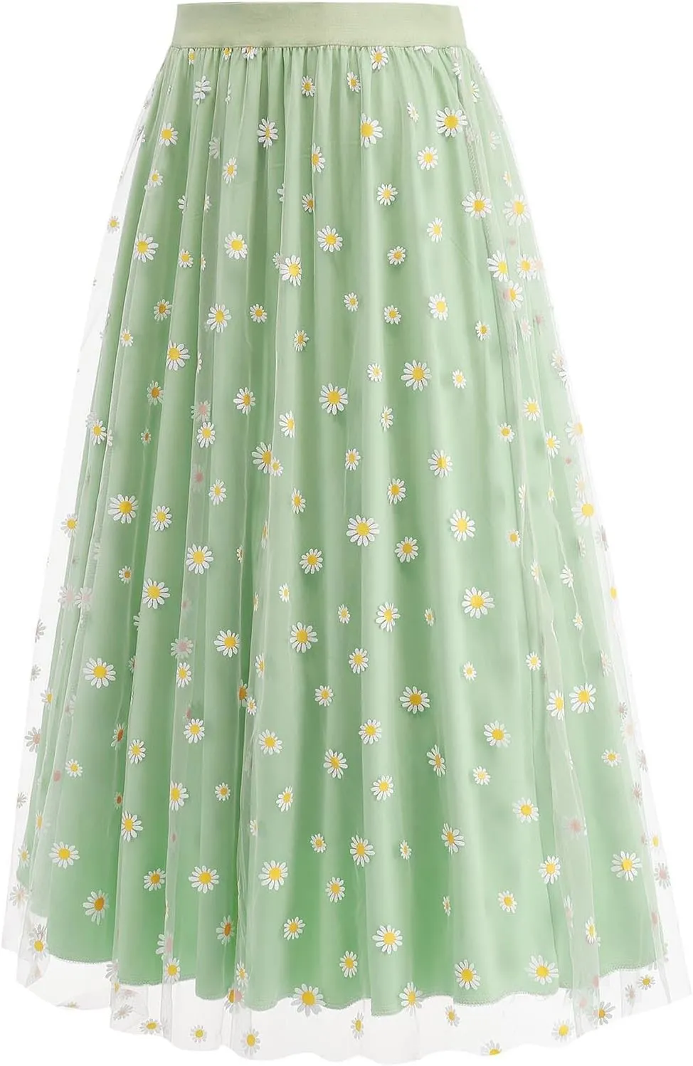 Women Daisy Embroidered Tulle Skirts Floral Mesh Casual Elastic High Waist Long Skirts Flower Swing A Line Skirt