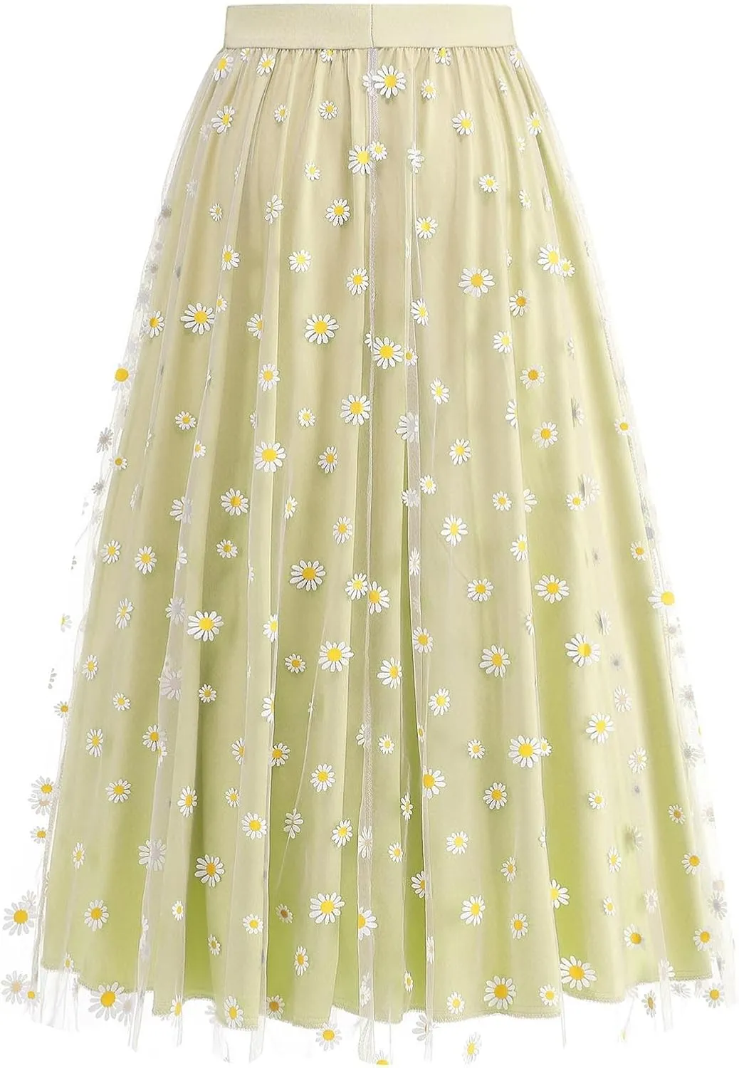 Women Daisy Embroidered Tulle Skirts Floral Mesh Casual Elastic High Waist Long Skirts Flower Swing A Line Skirt