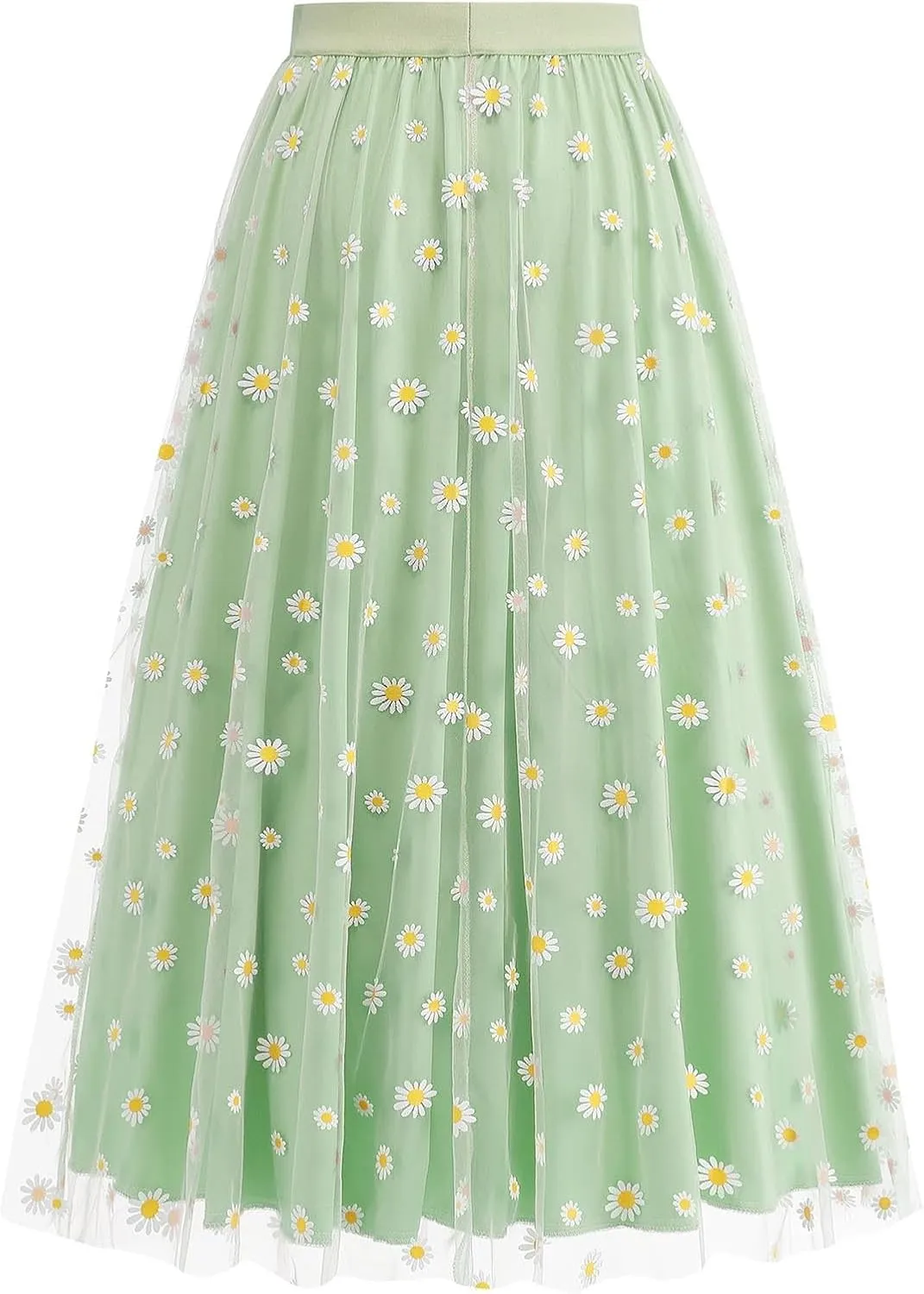 Women Daisy Embroidered Tulle Skirts Floral Mesh Casual Elastic High Waist Long Skirts Flower Swing A Line Skirt